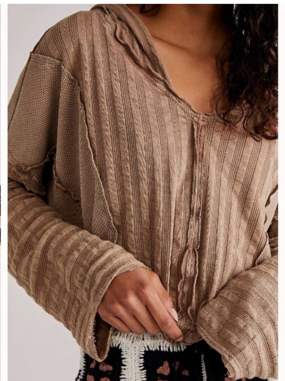 Free People We The Free Aries Hoodie Taupe Hooded Thermal Patchwork Cropped Top - Picture 2 of 11